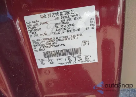 2005 Ford F-150 Lariat/Xlt from USA, damaged, VIN 1FTPW125X5KD61193